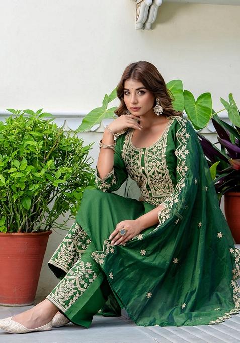 Green Embroidered Silk Straight Kurta Set