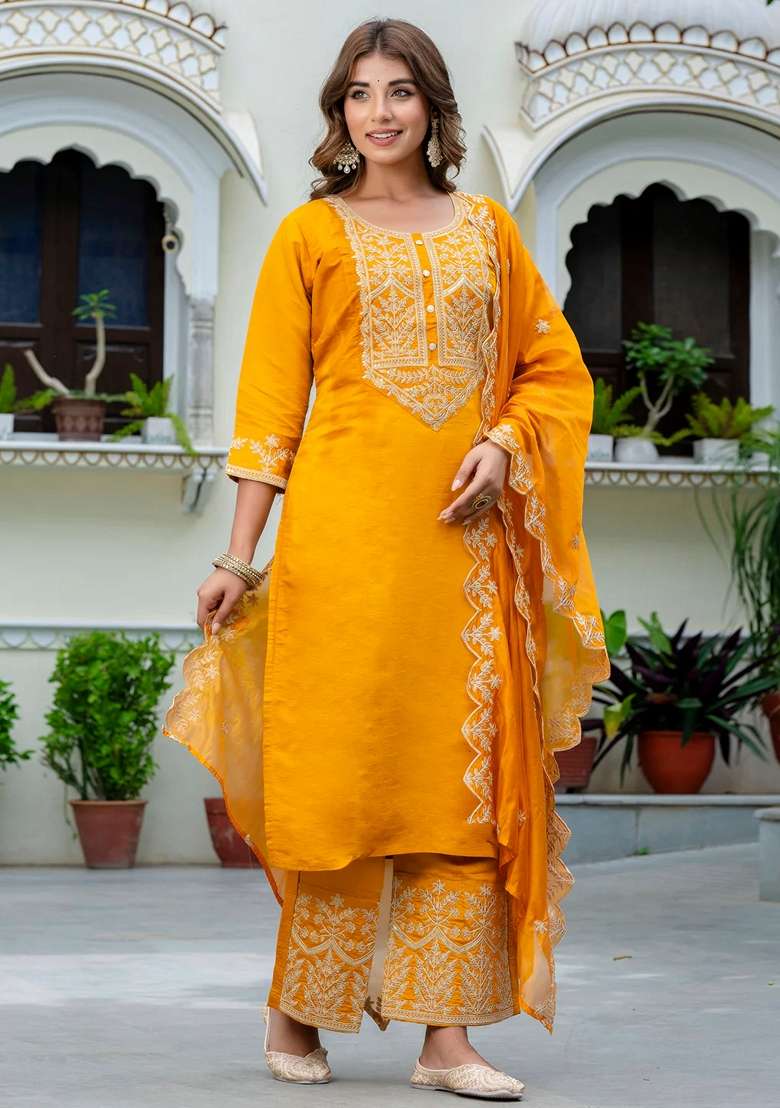 Mustard Yellow Embroidered Silk Blend Straight Kurta Set - Indya