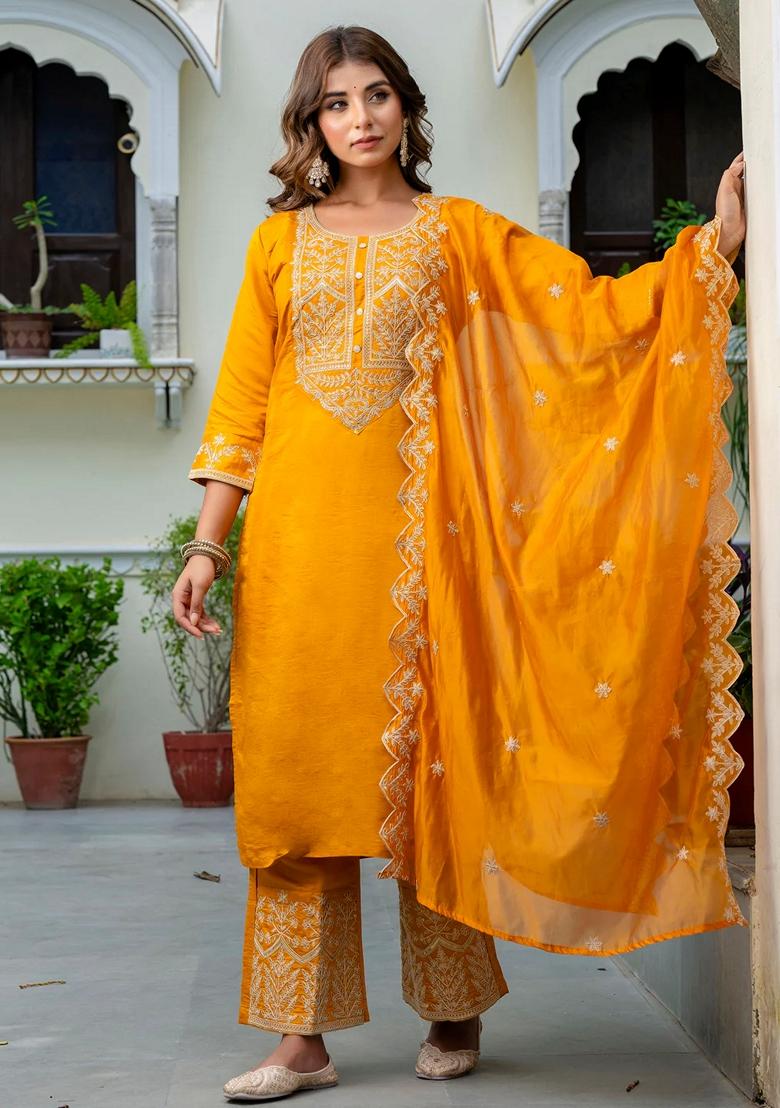 Mustard Yellow Embroidered Silk Blend Salwar Kameez With Dupatta