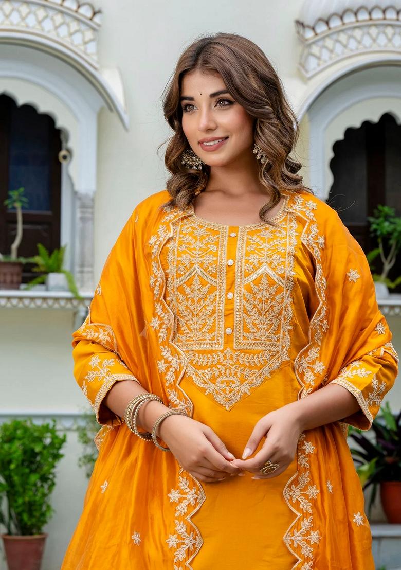 Mustard Yellow Embroidered Silk Blend Salwar Kameez With Dupatta