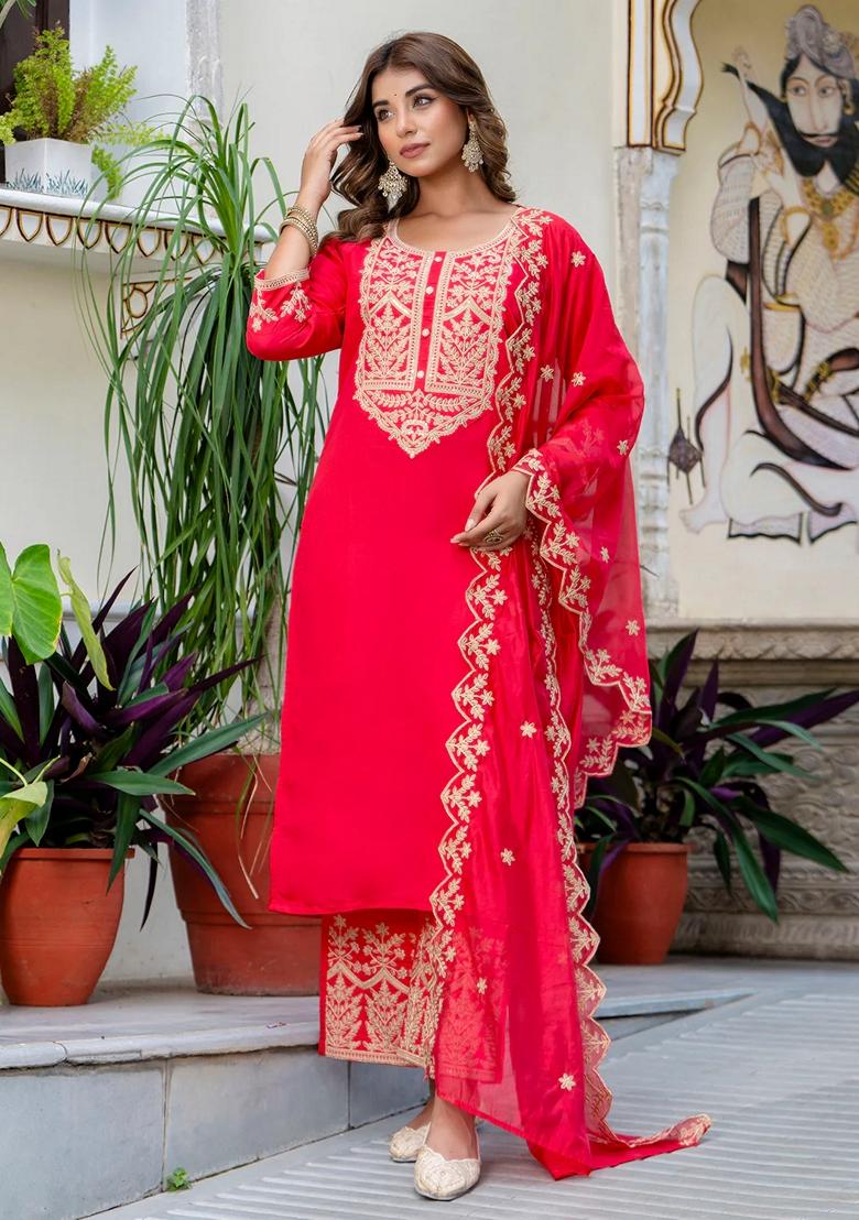 Pink Embroidered Silk Blend Salwar Kameez With Dupatta