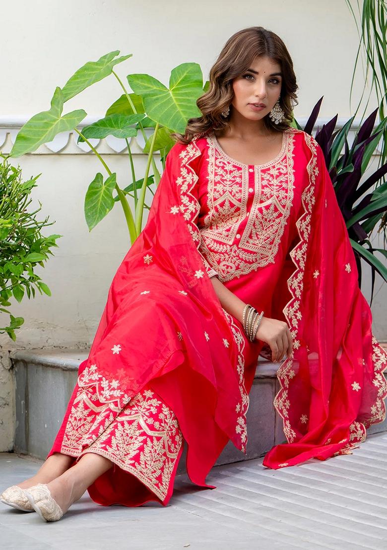 Pink Embroidered Silk Blend Salwar Kameez With Dupatta