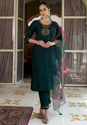 Teal Blue Embroidered Pure Cotton Salwar Kameez With Dupatta