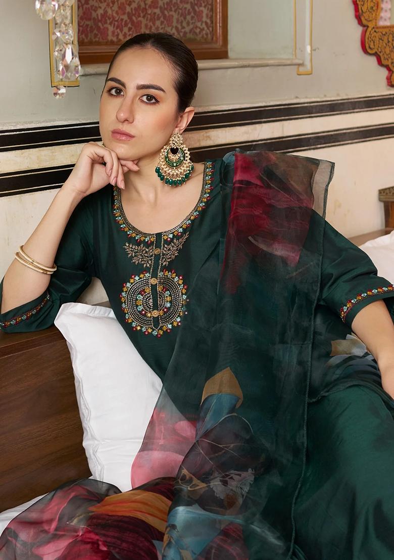 Teal Blue Embroidered Pure Cotton Salwar Kameez With Dupatta