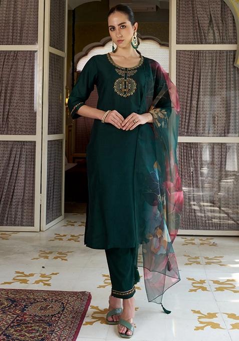 Teal Blue Embroidered Cotton Straight Kurta Set