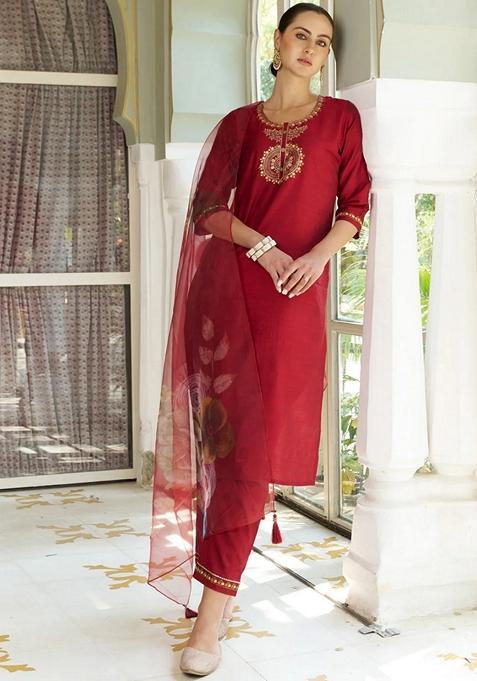 White Embroidered Cotton Straight Kurta Set