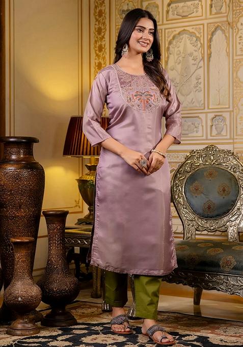 Rani Pink Embroidered Silk Straight Kurta Set