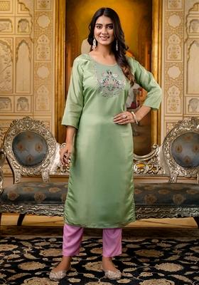 Pista Green Embroidered Silk Blend Salwar Kameez With Dupatta