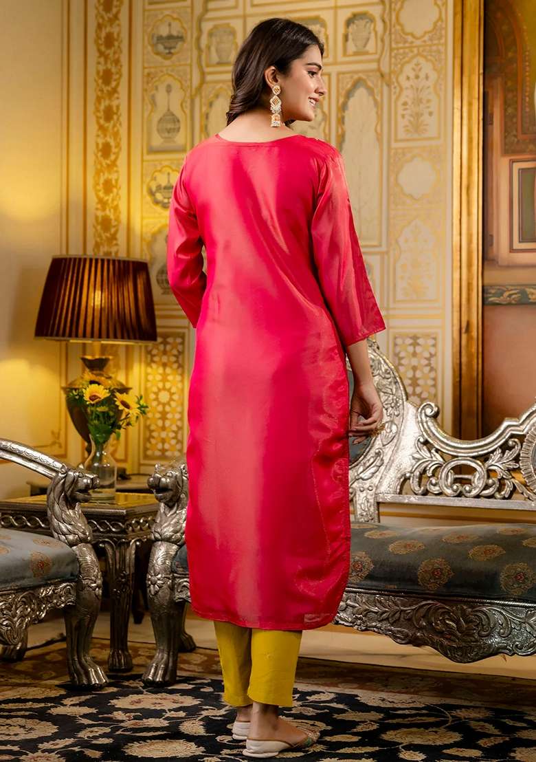 Lavender Embroidered Silk Blend Straight Kurta Set - Indya