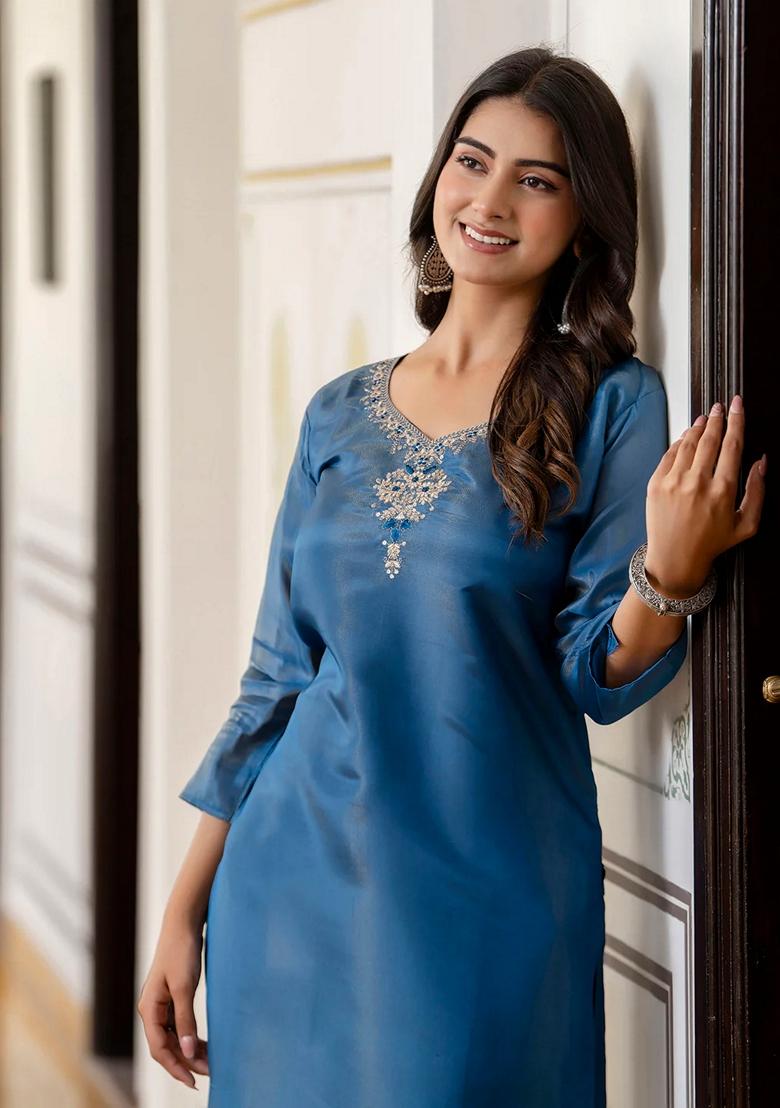 Brown Embroidered Silk Blend Salwar Kameez With Dupatta