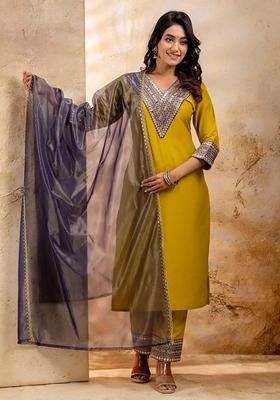 Lemon Yellow Embroidered Viscose Rayon Salwar Kameez With Dupatta