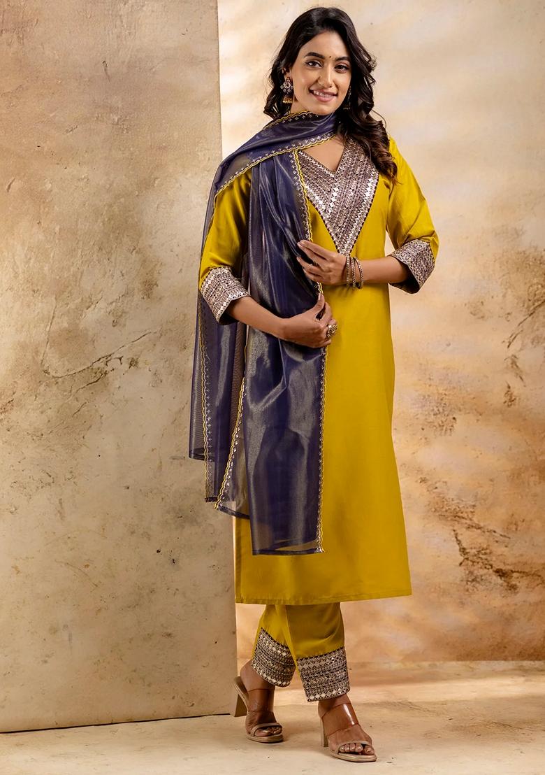 Lemon Yellow Embroidered Viscose Rayon Salwar Kameez With Dupatta