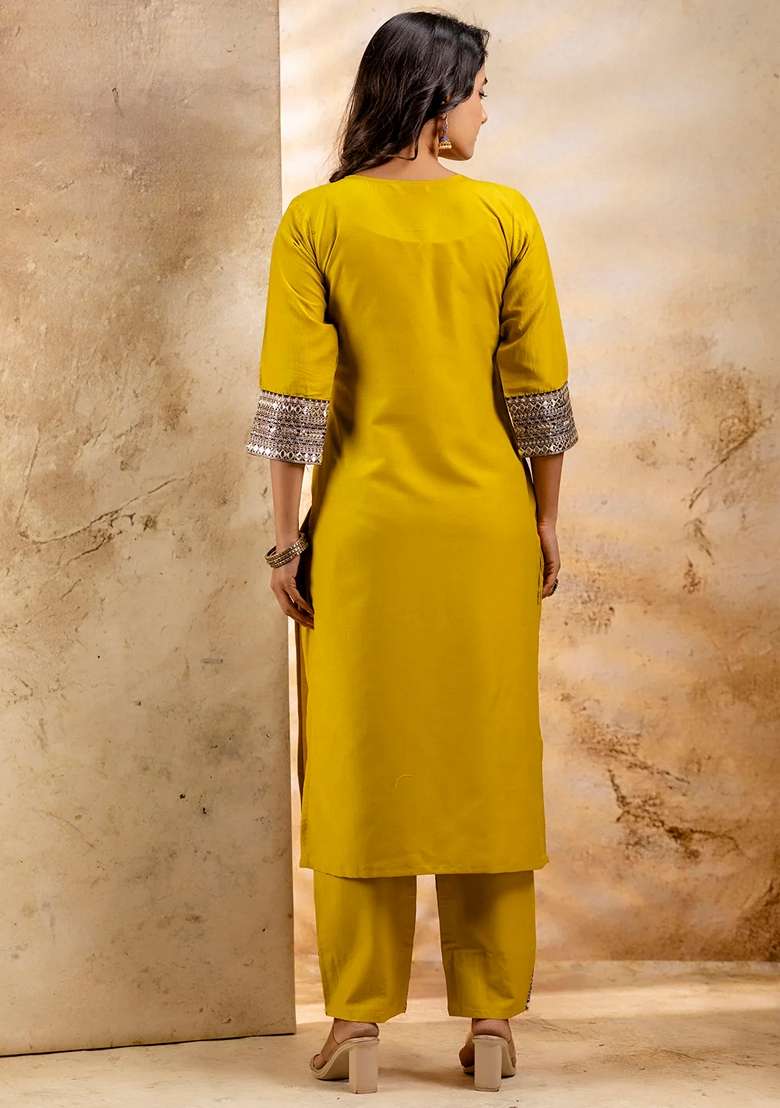 Lemon Yellow Embroidered Viscose Pakistani Suit Set - Indya