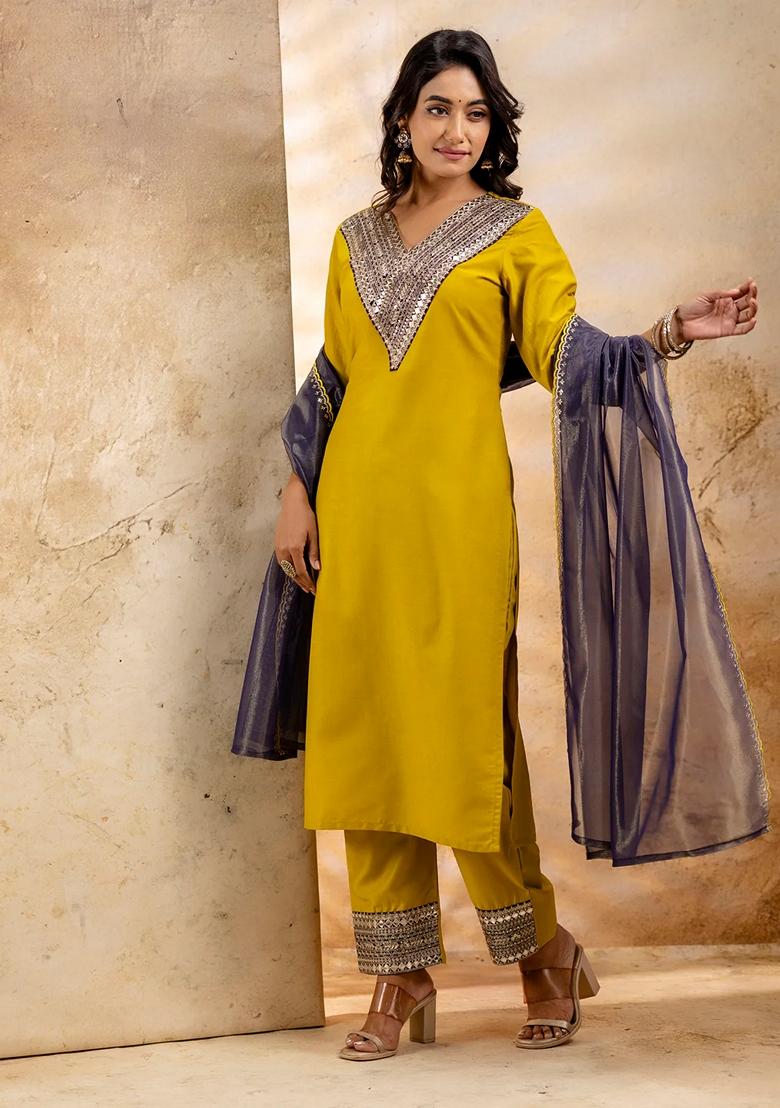 Lemon Yellow Embroidered Viscose Rayon Salwar Kameez With Dupatta