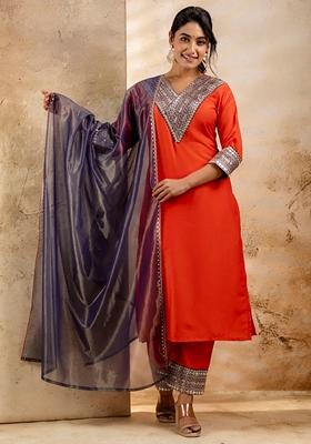Peach Embroidered Viscose Rayon Salwar Kameez With Dupatta
