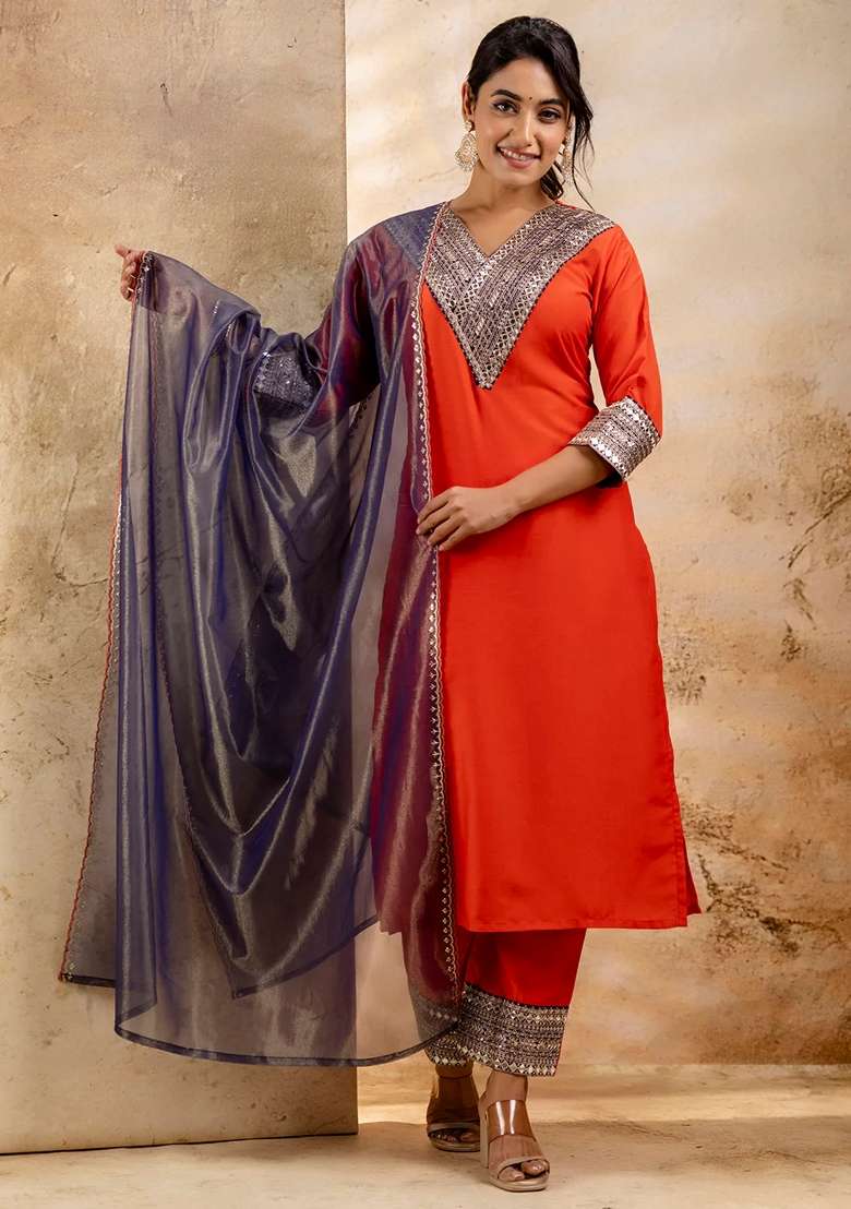 Peach Embroidered Viscose Straight Kurta Set - Indya