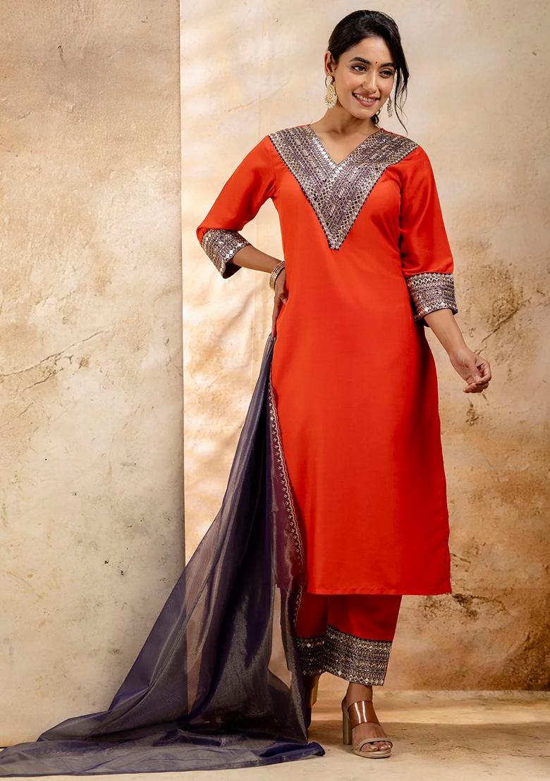 Peach Embroidered Viscose Rayon Salwar Kameez With Dupatta