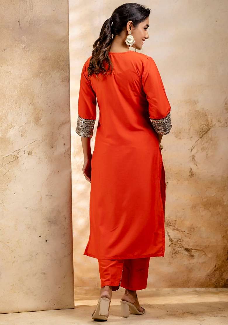 Peach Embroidered Viscose Straight Kurta Set - Indya