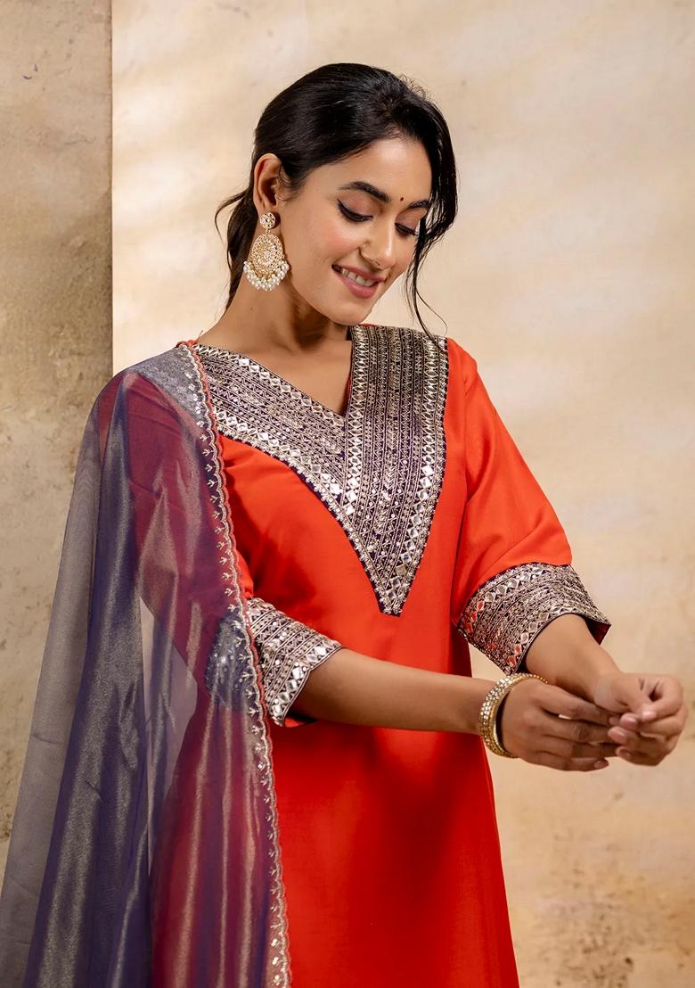 Peach Embroidered Viscose Rayon Salwar Kameez With Dupatta