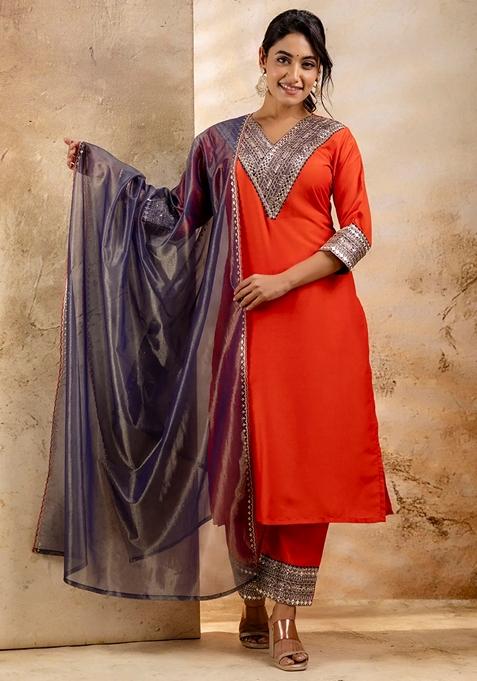Peach Embroidered Viscose Straight Kurta Set