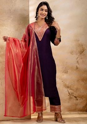 Purple Embroidered Viscose Rayon Salwar Kameez With Dupatta
