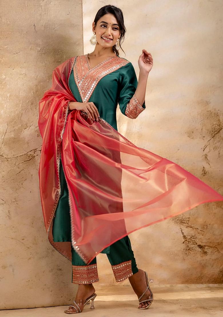 Rama Green Embroidered Viscose Rayon Salwar Kameez With Dupatta