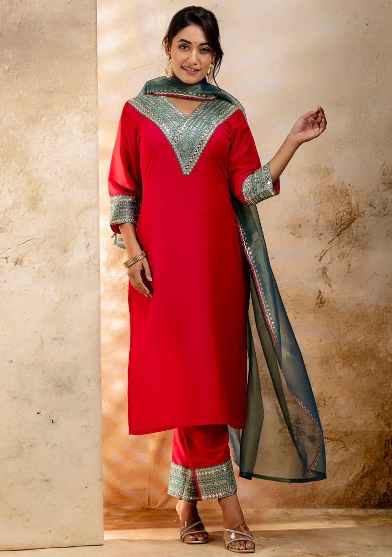 Rani Pink Embroidered Viscose Rayon Salwar Kameez With Dupatta