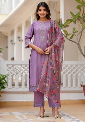 Lavender Embroidered Viscose Rayon Salwar Kameez With Dupatta