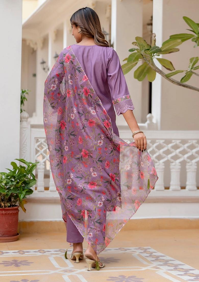 Lavender Embroidered Viscose Rayon Salwar Kameez With Dupatta