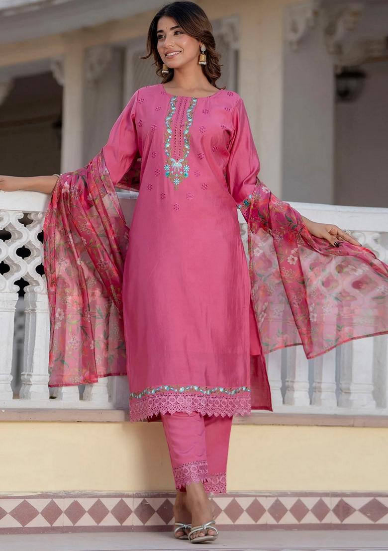 Pink Embroidered Viscose Rayon Salwar Kameez With Dupatta