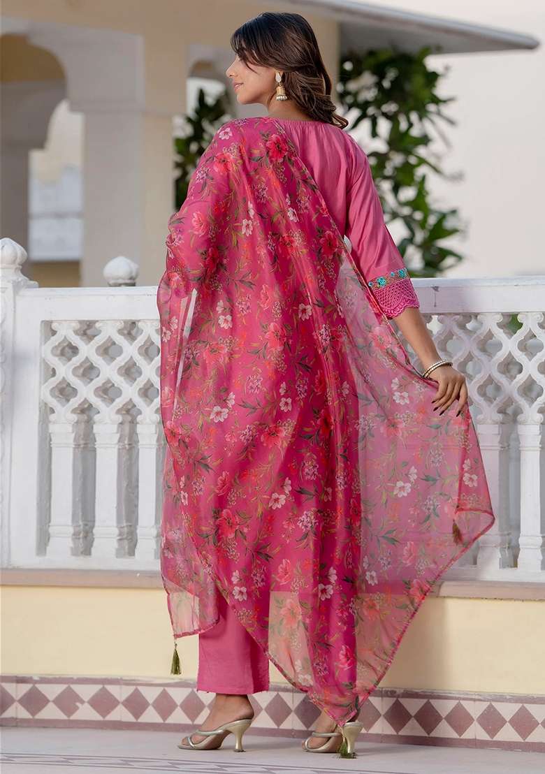 Pink Embroidered Viscose Straight Kurta Set - Indya
