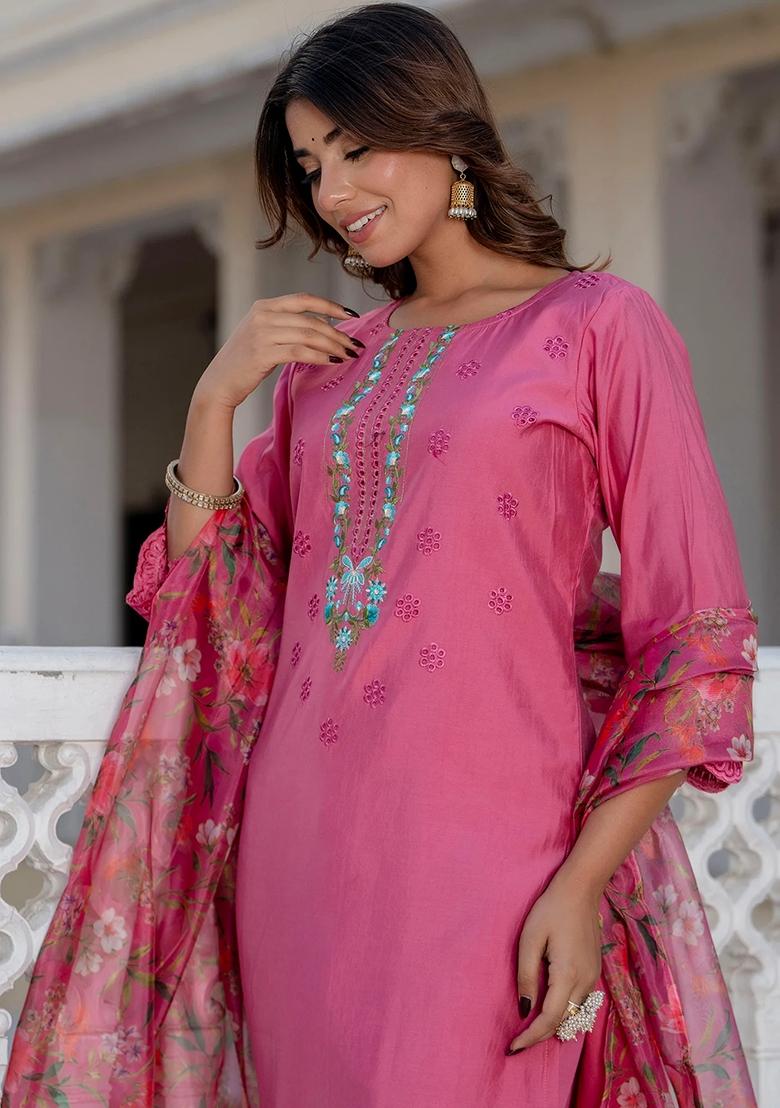 Pink Embroidered Viscose Rayon Salwar Kameez With Dupatta