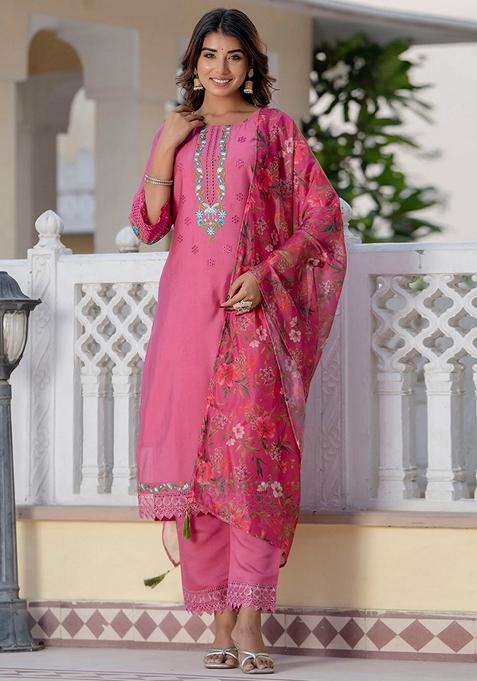 Pink Embroidered Viscose Straight Kurta Set