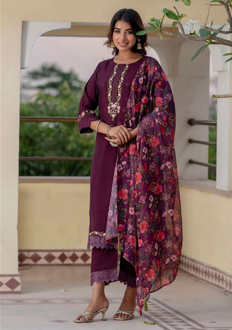 Purple Embroidered Viscose Straight Kurta Set - Indya
