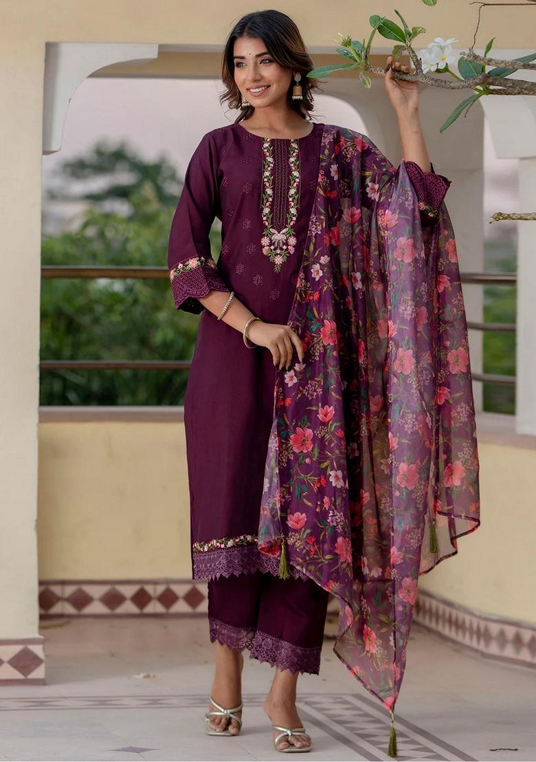 Purple Embroidered Viscose Rayon Salwar Kameez With Dupatta