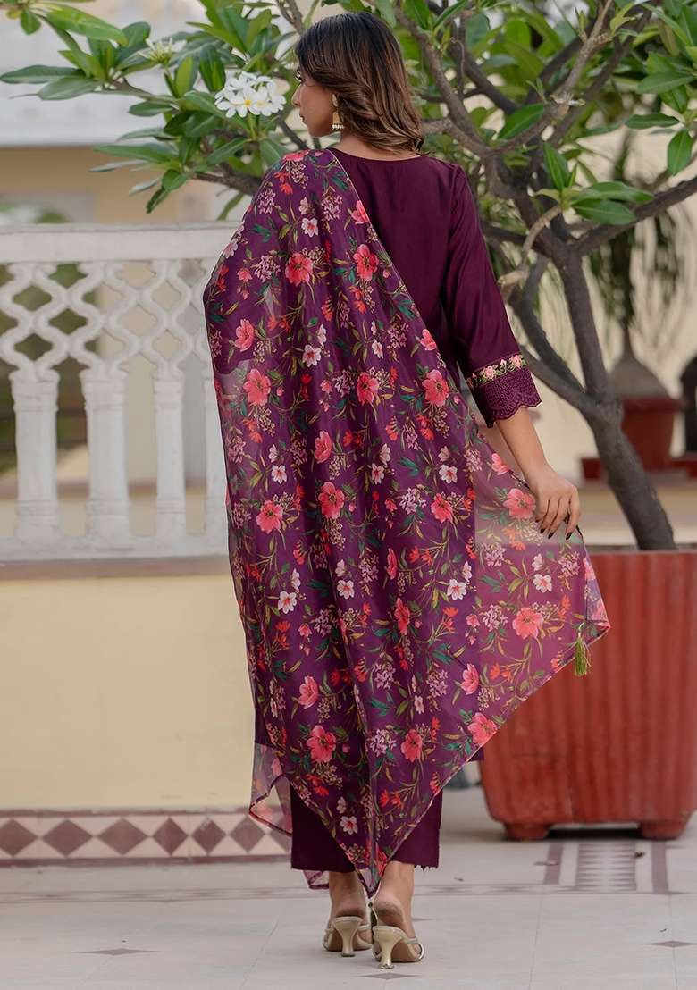 Purple Embroidered Viscose Straight Kurta Set - Indya