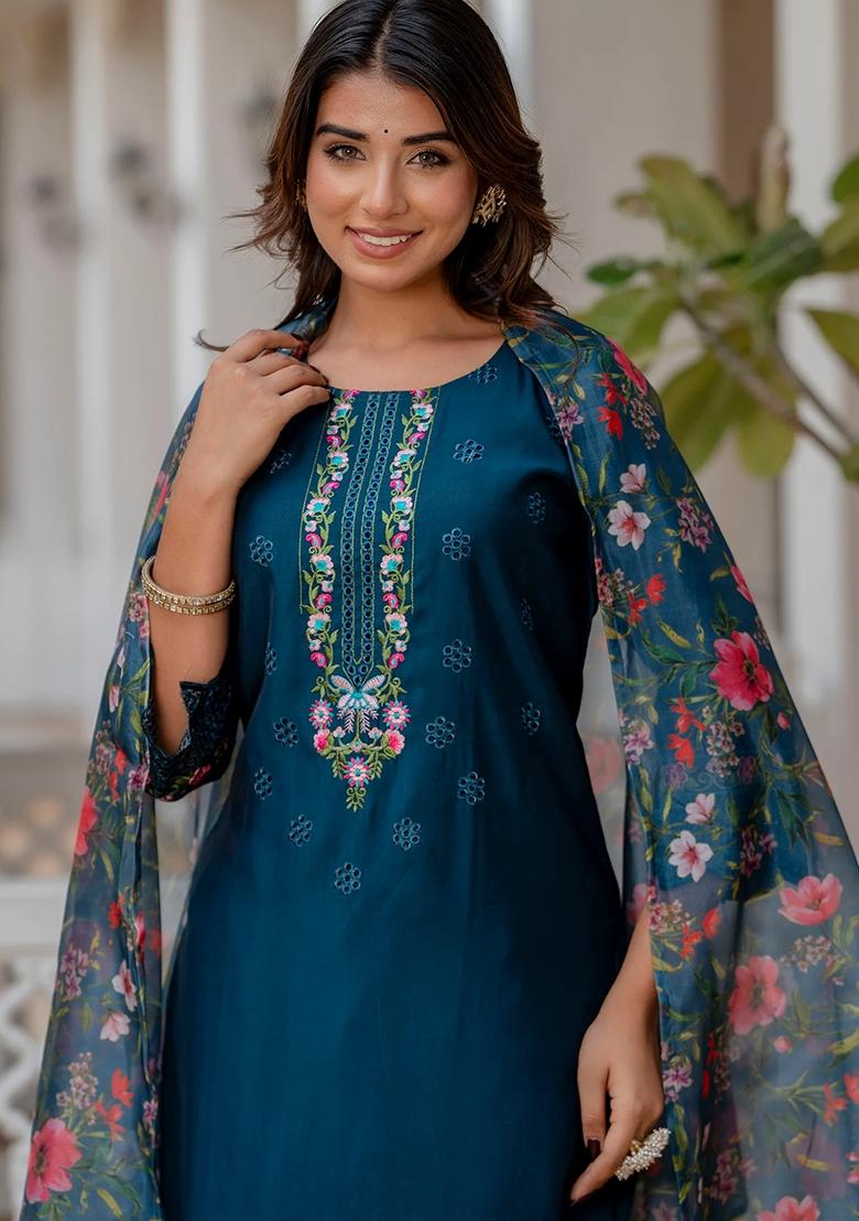 Teal Blue Embroidered Viscose Rayon Salwar Kameez With Dupatta