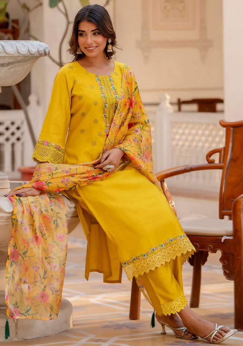 Yellow Embroidered Viscose Straight Kurta Set - Indya
