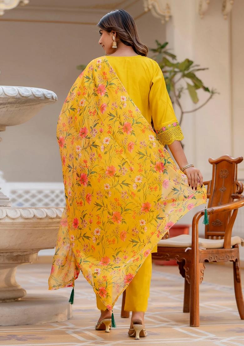 Yellow Embroidered Viscose Rayon Salwar Kameez With Dupatta