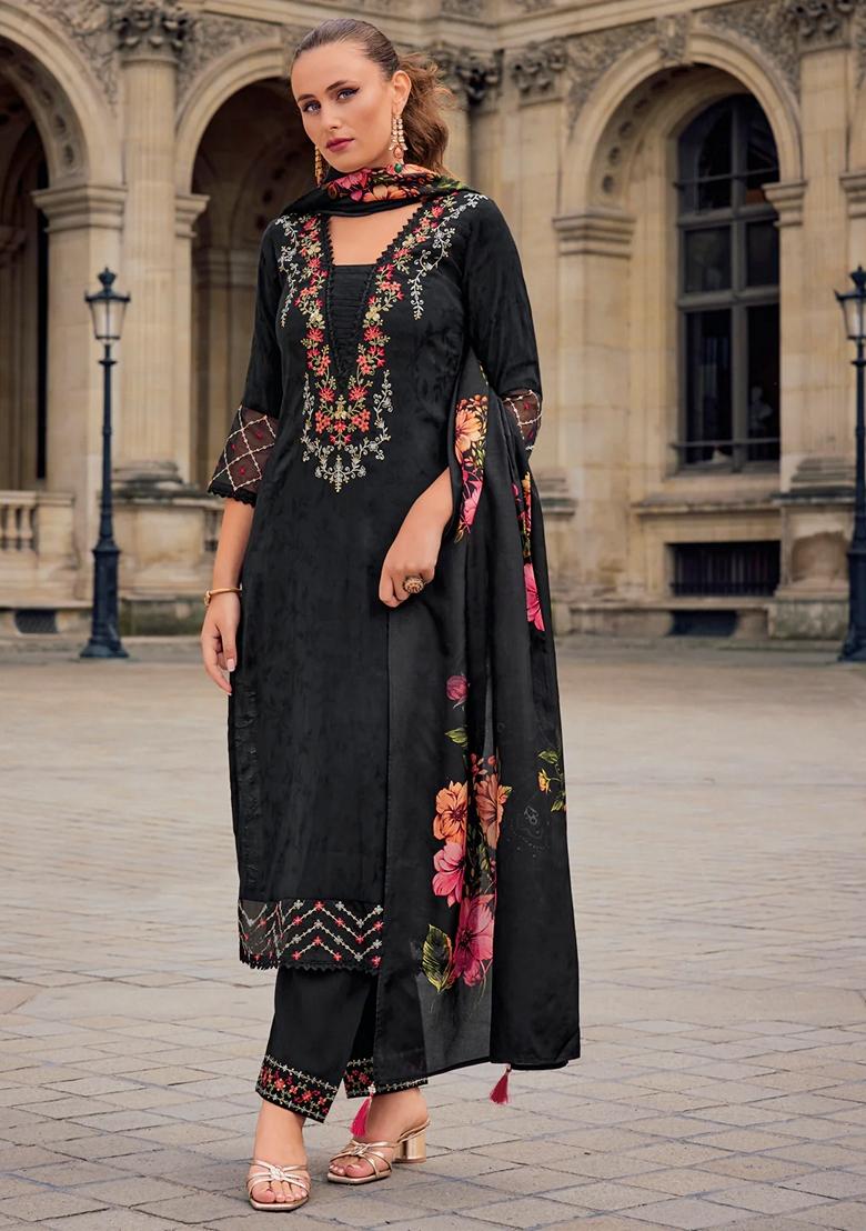 Black Embroidered Silk Blend Salwar Kameez With Dupatta