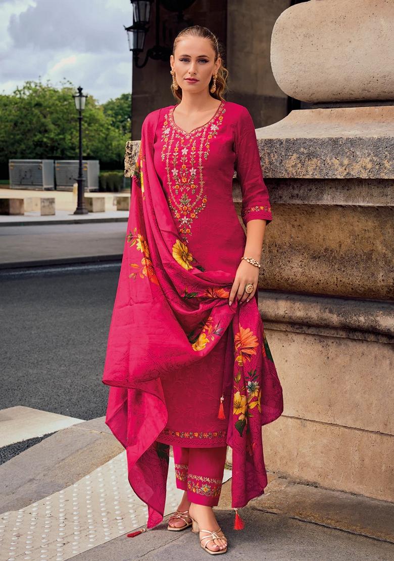 Pink Embroidered Silk Blend Salwar Kameez With Dupatta