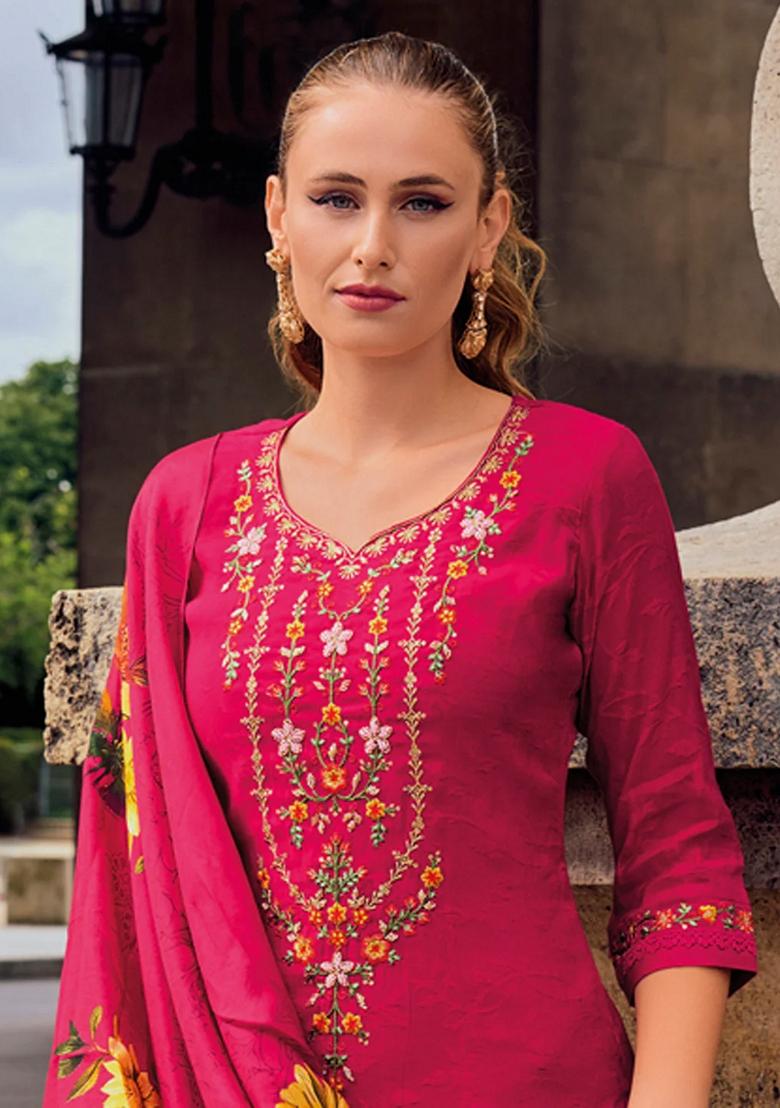 Pink Embroidered Silk Blend Salwar Kameez With Dupatta