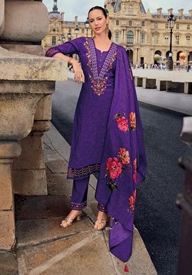 Purple Embroidered Silk Blend Salwar Kameez With Dupatta