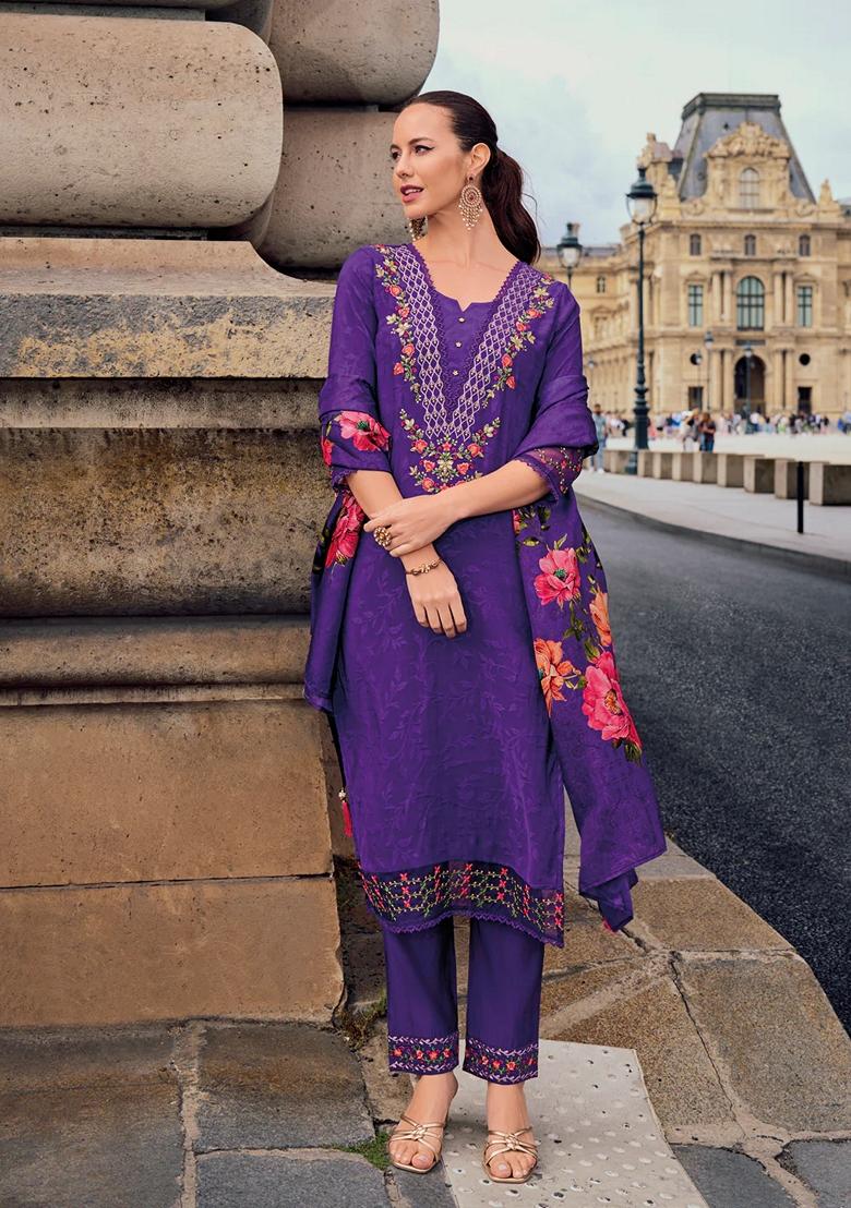 Purple Embroidered Silk Blend Salwar Kameez With Dupatta