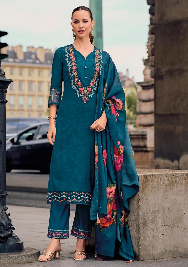 Teal Blue Embroidered Silk Blend Salwar Kameez With Dupatta
