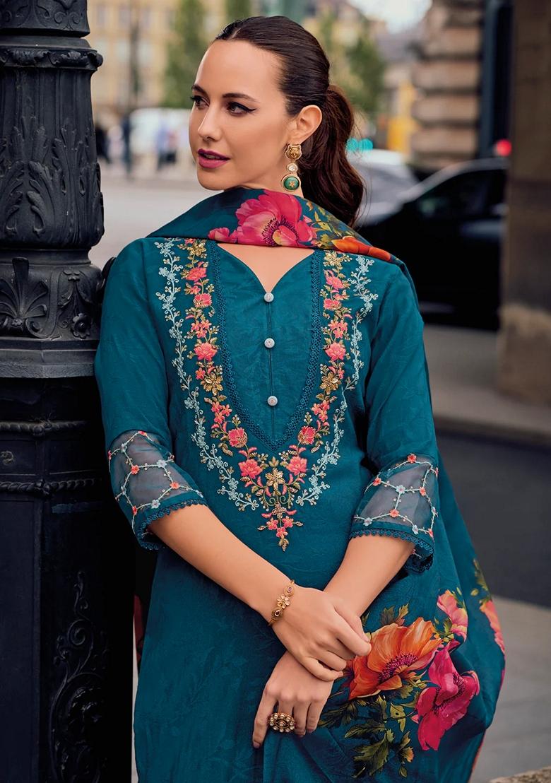 Teal Blue Embroidered Silk Blend Salwar Kameez With Dupatta