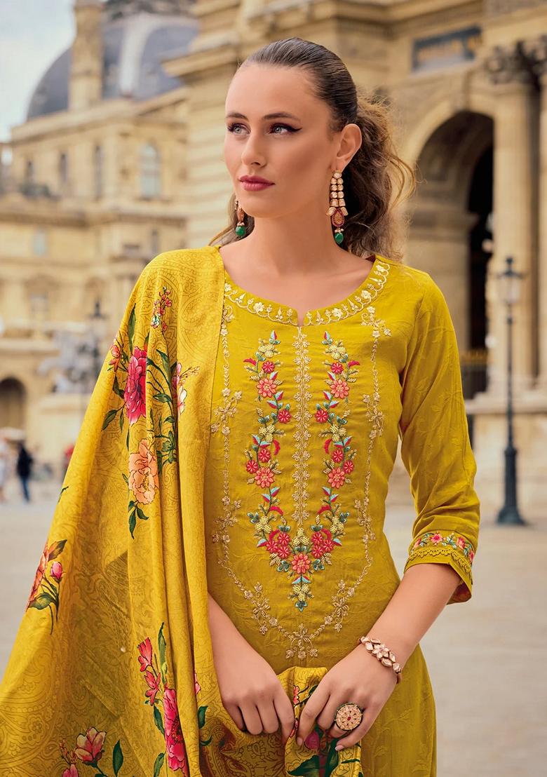 Yellow Embroidered Silk Blend Salwar Kameez With Dupatta