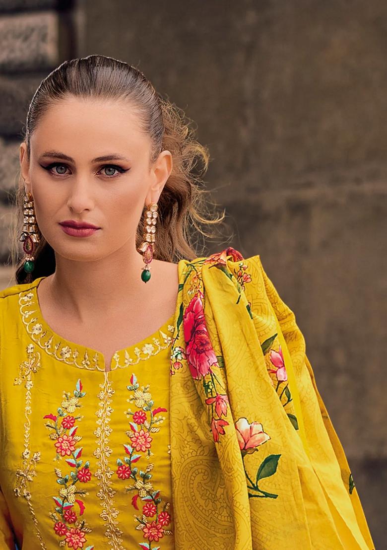Yellow Embroidered Silk Blend Salwar Kameez With Dupatta
