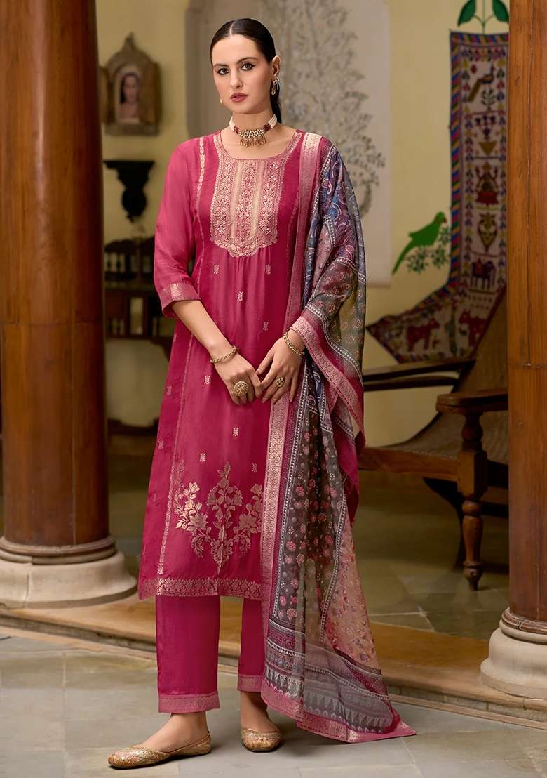Red Embroidered Organza Salwar Kameez With Dupatta - Indya