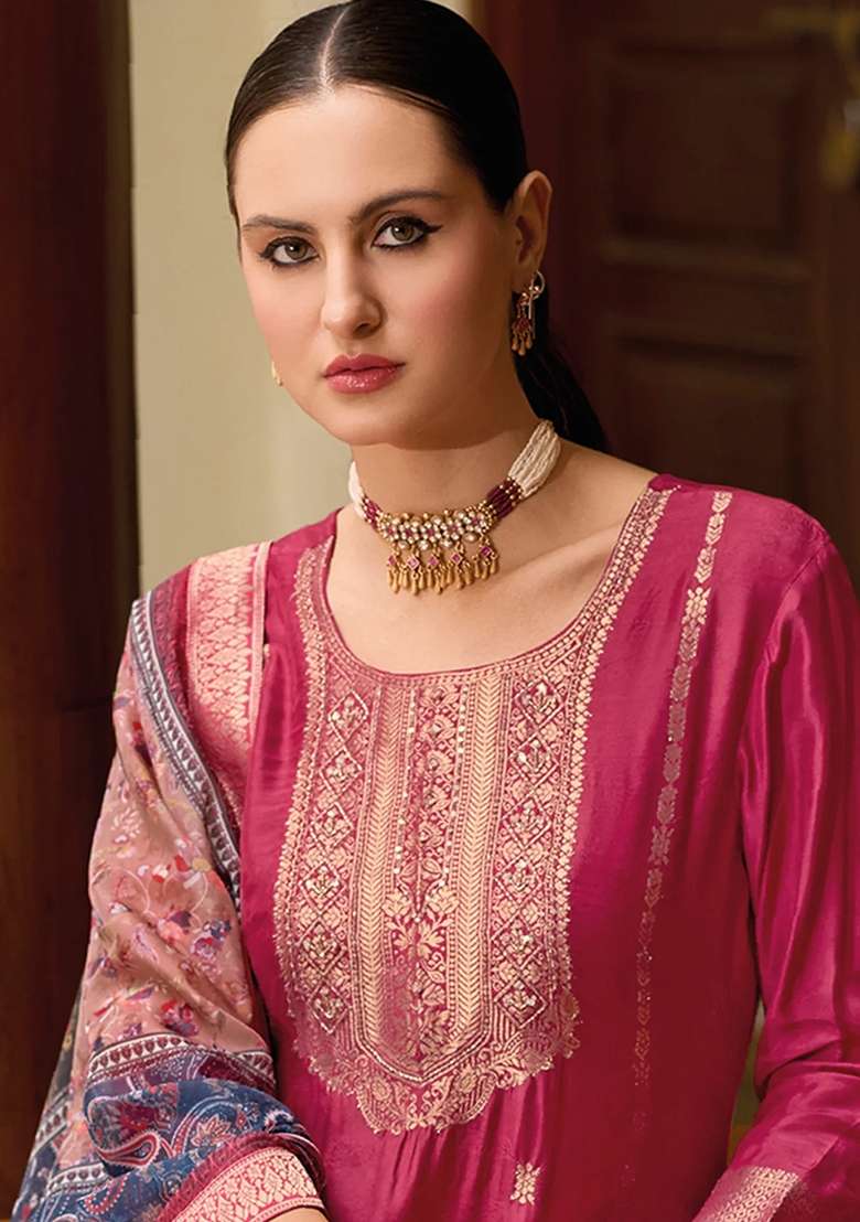 Red Embroidered Organza Salwar Kameez With Dupatta - Indya